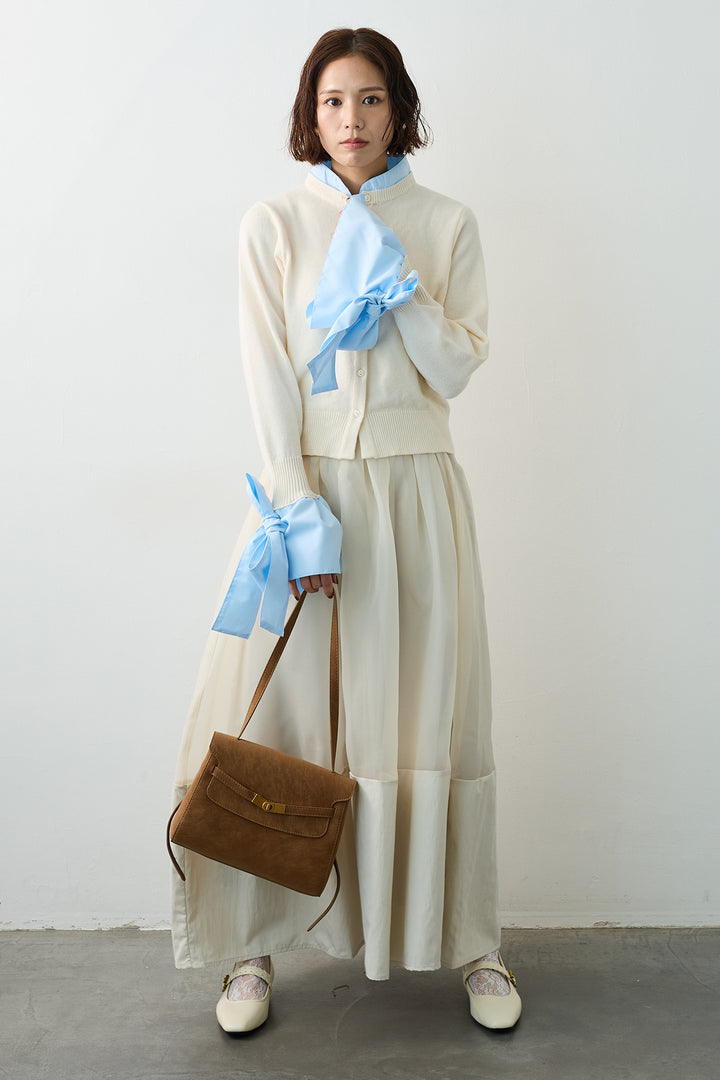 [予約/SET]BIGリボンカフスデザインニットドッキングカーデ+オーガンジー×タフタコクーンスカート(2set)