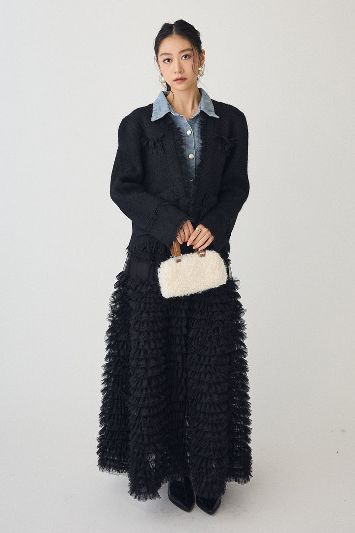 [予約/SET]デニムシャツドッキングツイードカーデ+ホイップチュールティアードスカート(2set)