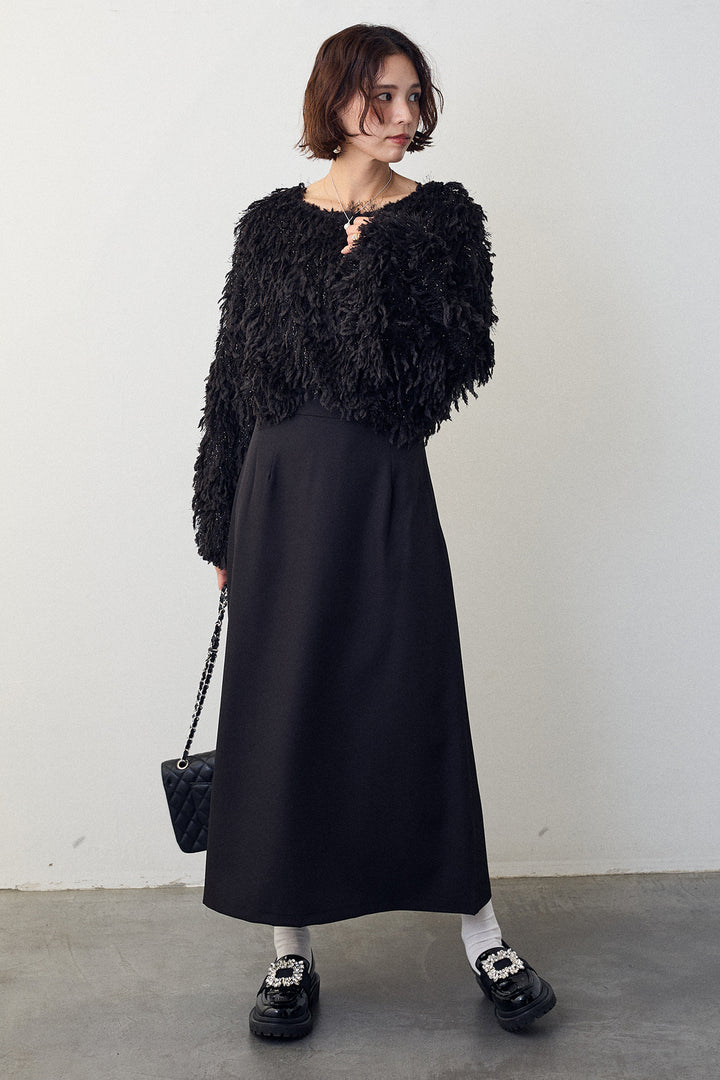 [予約/SET]フリンジラメシャギーニットプルオーバー+バックリボンセミフレアスカート(2set)