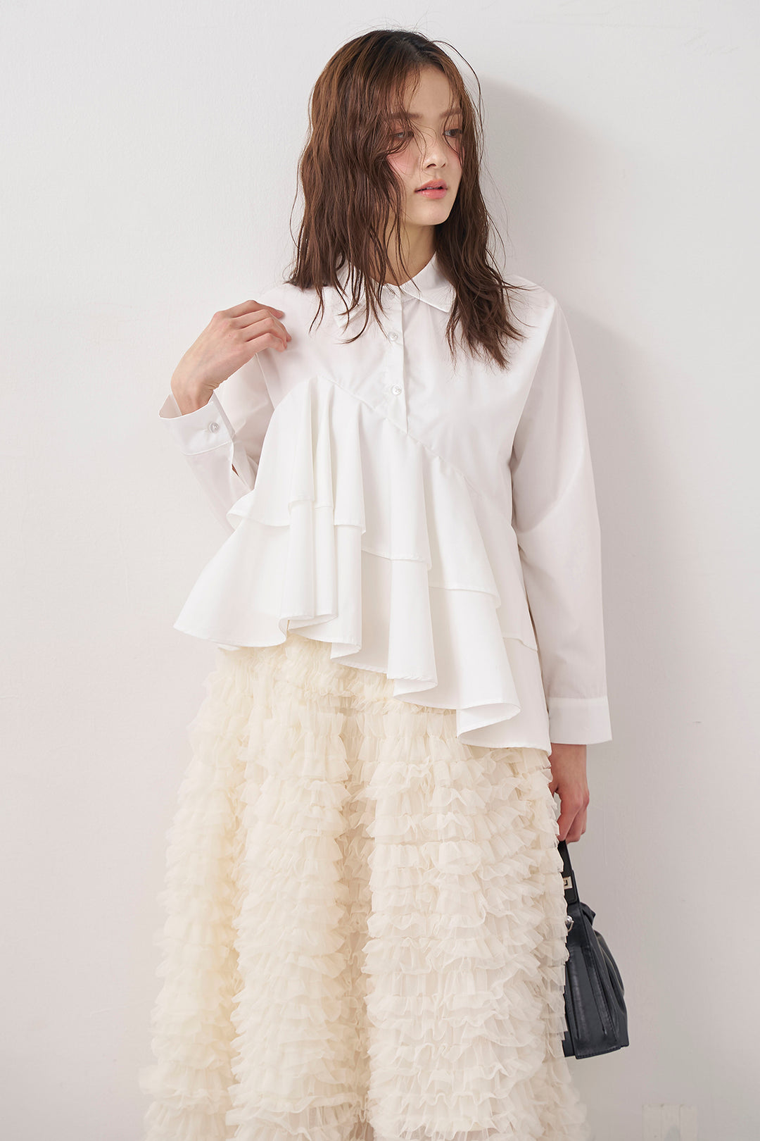 [予約/SET]アシメフリルティアードシャツ+ホイップチュールティアードスカート(2set)