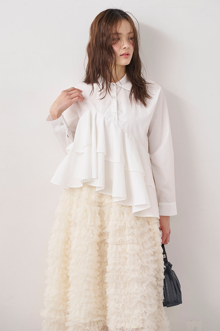 [予約/SET]アシメフリルティアードシャツ+ホイップチュールティアードスカート(2set)