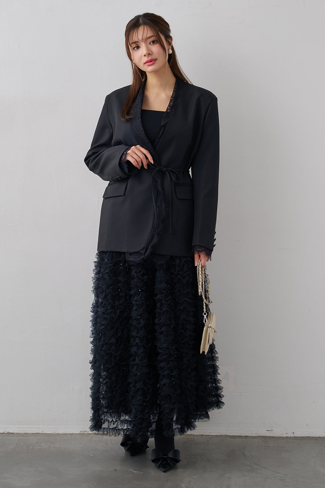 [予約/SET]カシュクールレースドッキングジャケット+パール付きホイップチュールスカート(2set)