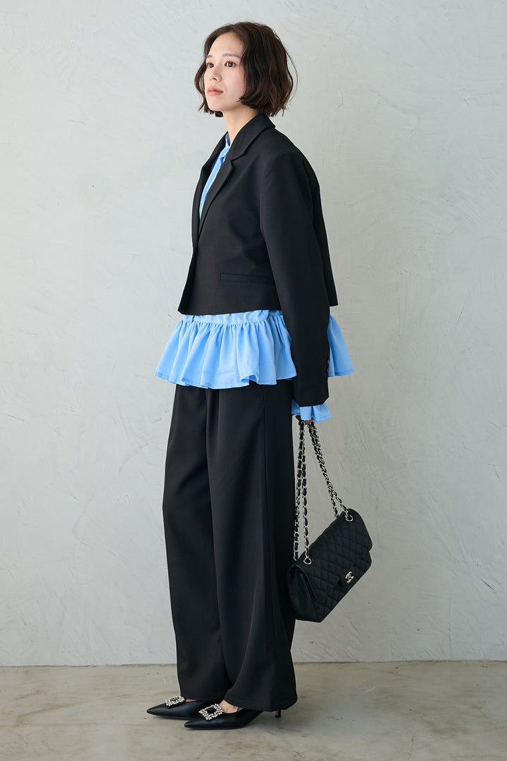 [予約/SET]フリルヘムスリーブブラウス+クロップドマニッシュシンプルジャケット+ツイルシンプルストレートパンツ(3set)
