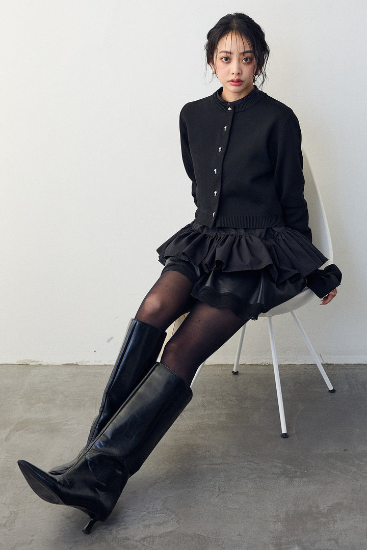 [予約/SET]フリルヘムスリーブブラウス+メタルボタンベーシックカーデ+レザーライクフレアショートパンツ(3set)