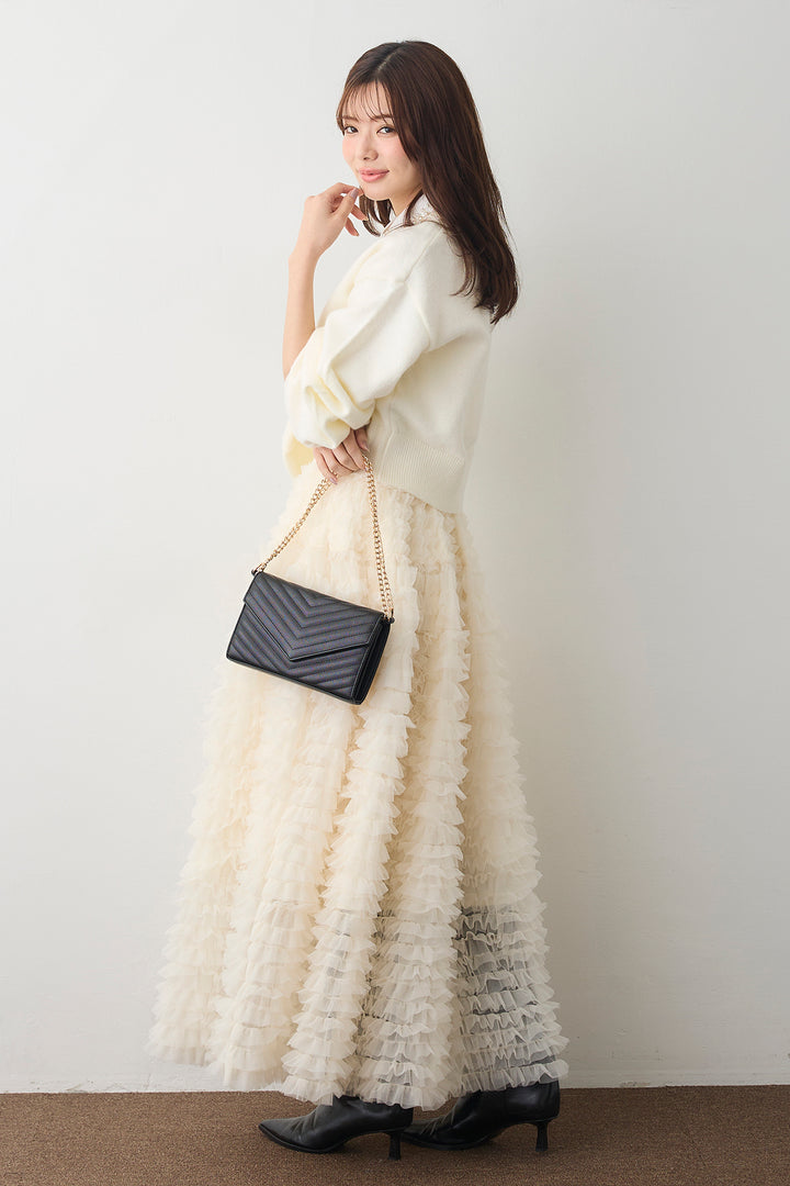 [予約/SET]2連パール付け襟+シャギーリボンキャットモチーフニットPO+ホイップチュールティアードスカート(3set)