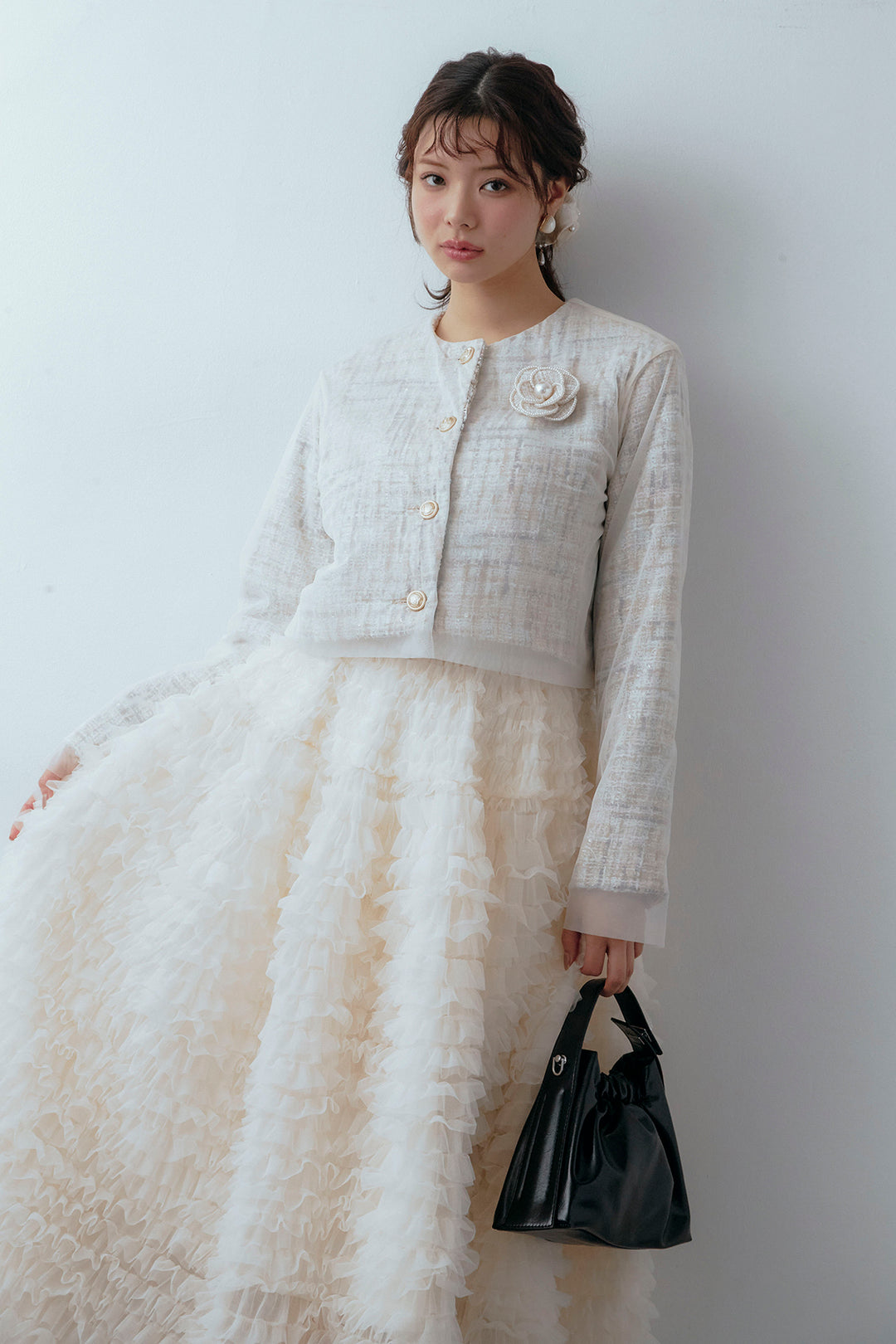 [予約/SET]ツイード×チュールレイヤードクロップドジャケット+ホイップチュールティアードスカート(2set)