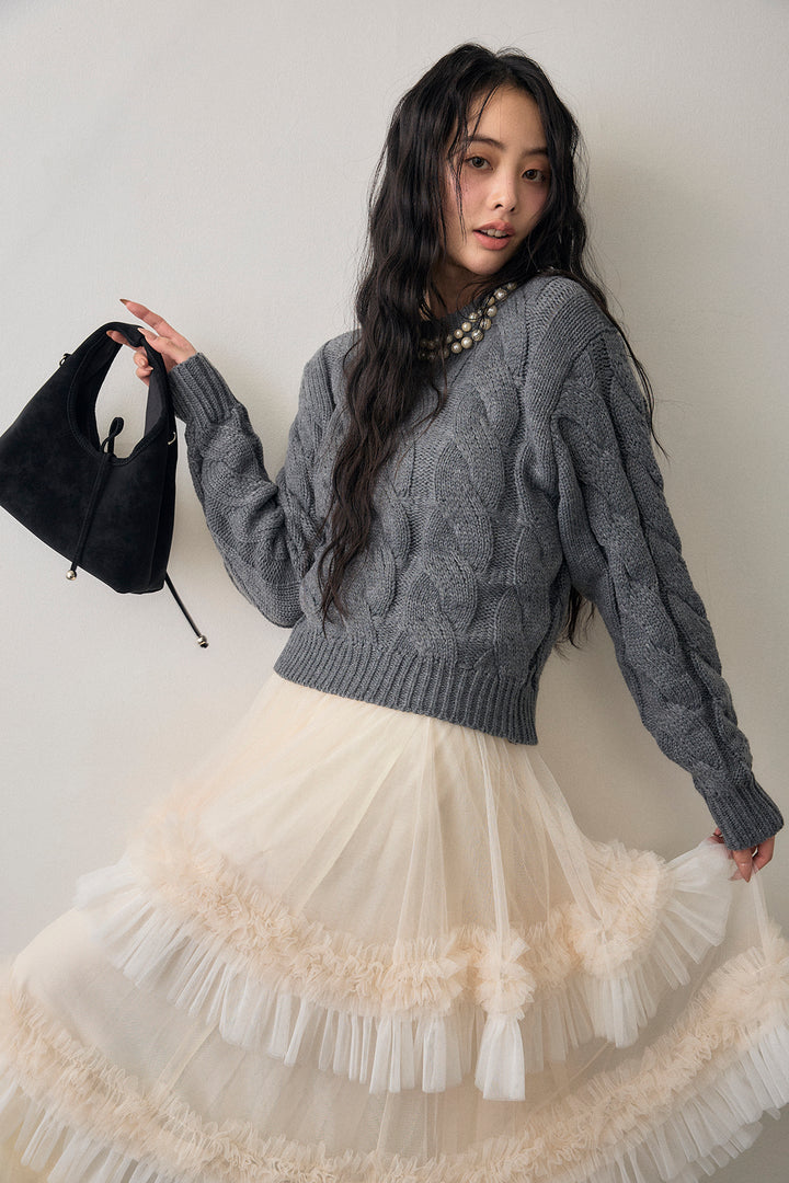 [予約/SET]ネックパールケーブル編みニット+配色フリルティアードロマンティックスカート(2set)