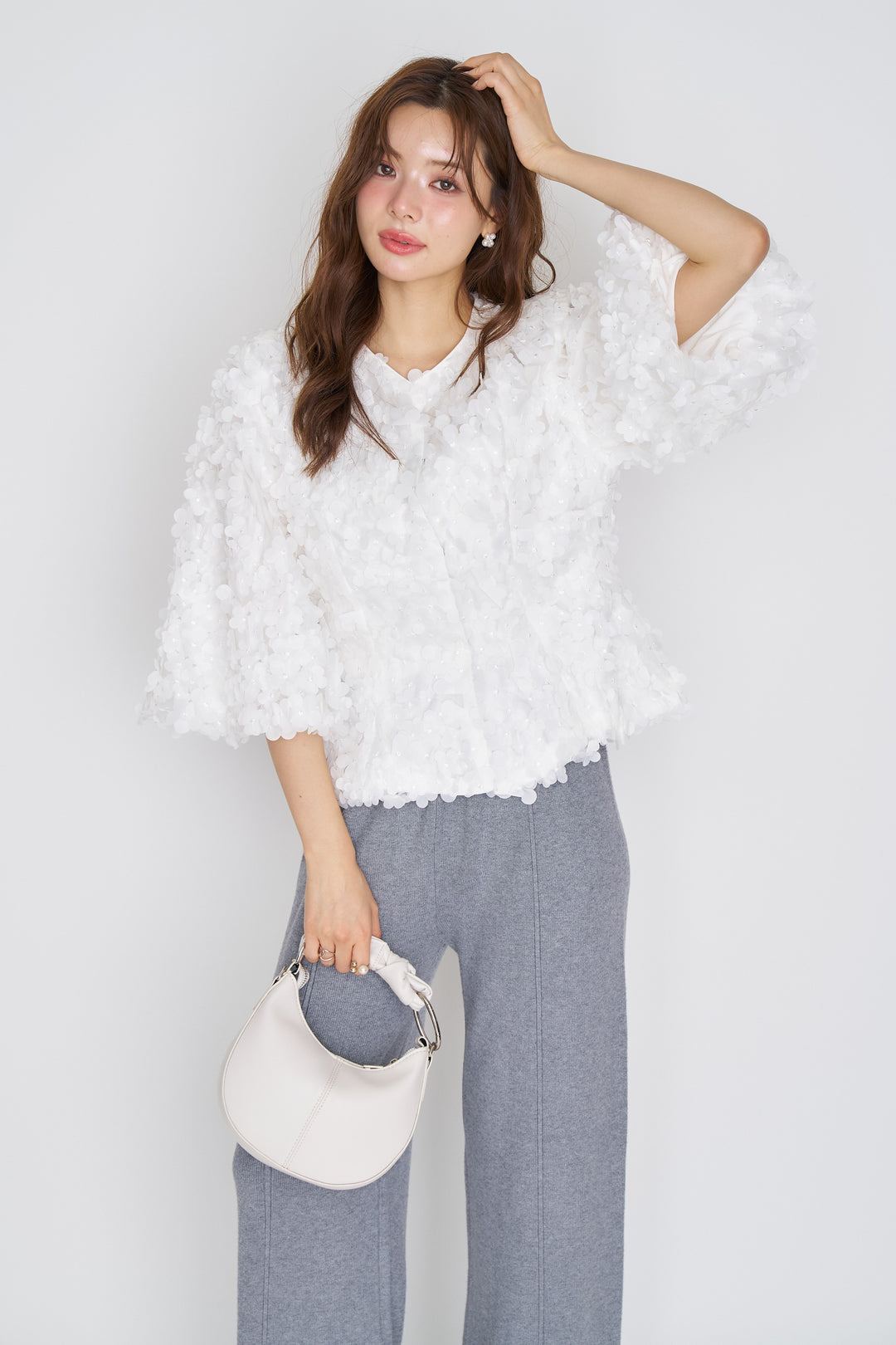 [予約/SET]3Dフラワーチュールボリュームスリーブライトジャケット+センタープレスヘムレースニットパンツ(2set)