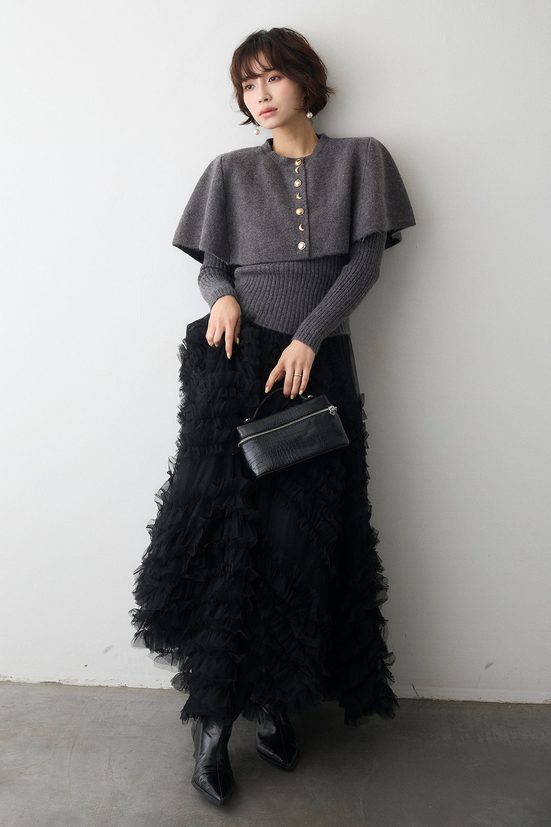 [予約/SET]ミックス釦ケープ2wayニット+スフレアシメチュールスカート(2set)