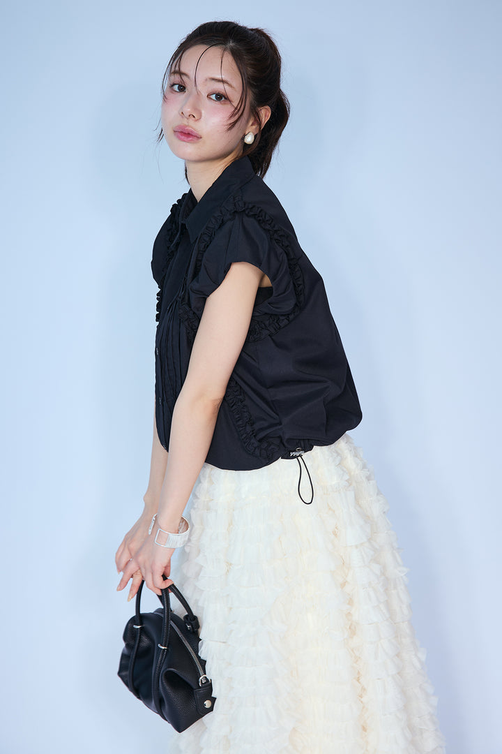[予約/SET]ミックスフリルピンタックサイドドロストブラウス+ホイップチュールティアードスカート(2set)
