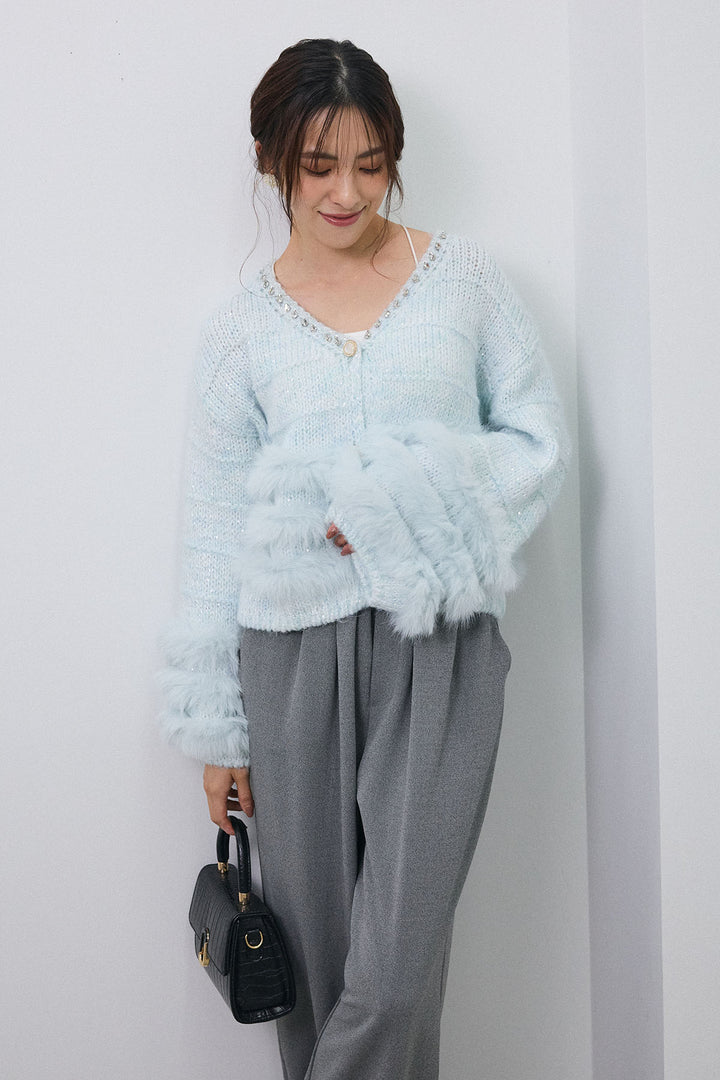 [予約/SET]ネックビジューラインファーニットカーデ+2タック美シルエットパンツ(2set)