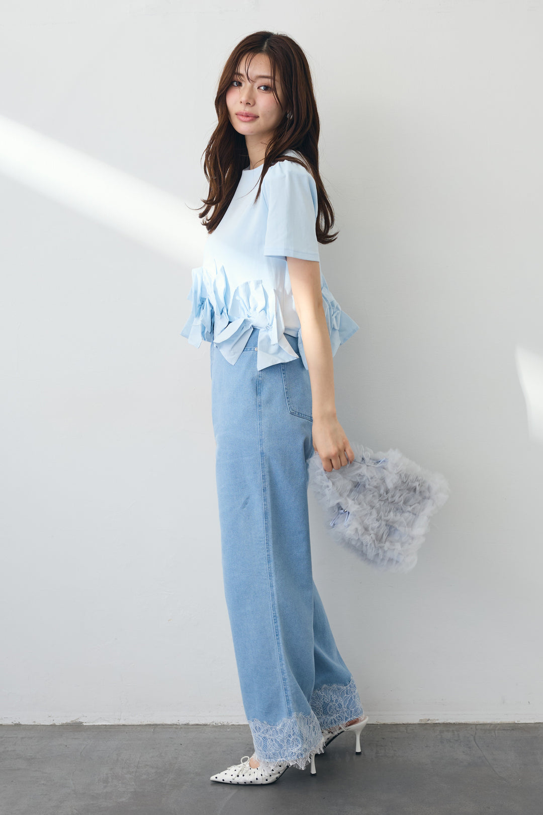 [予約/SET]リボンヘムデザインTシャツ+【接触冷感】ヘムレースデニムパンツ(2set)