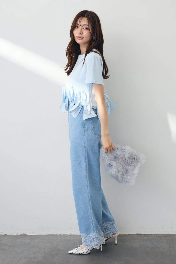 [予約/SET]リボンヘムデザインTシャツ+【接触冷感】ヘムレースデニムパンツ(2set)
