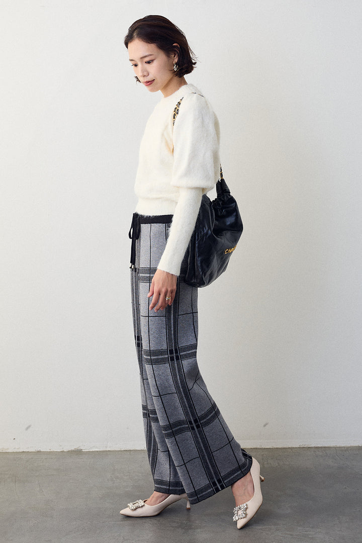 [予約/SET]モヘアパフスリーブプルオーバー+チェック柄ニットストレートパンツ(2set)