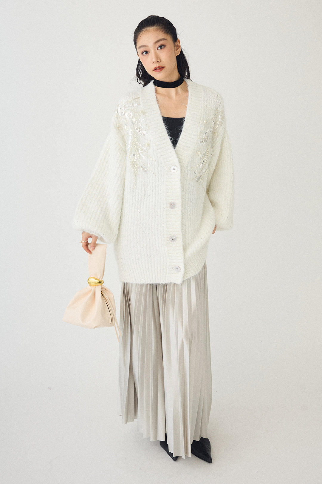 [予約/SET]ビーズフラワースパンコールシャイニーニットカーデ+シャイニープリーツサテンスカート(2set)