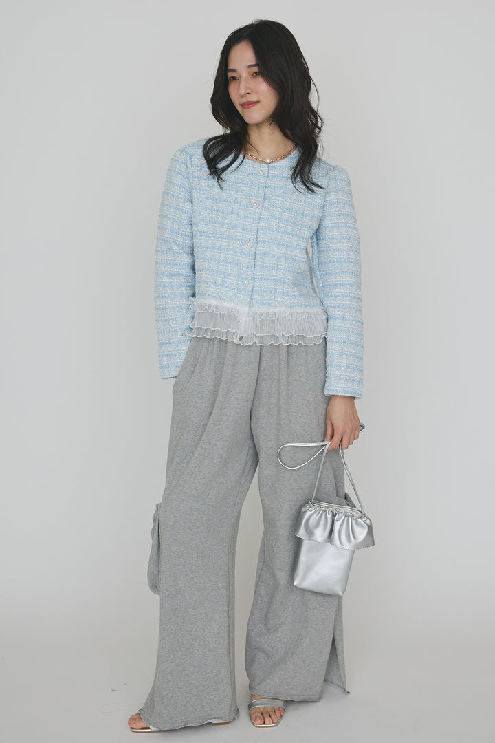 [予約/SET]プリーツフリルヘムライトツイードジャケット+ライトスウェットサイドリボンパンツ(2set)