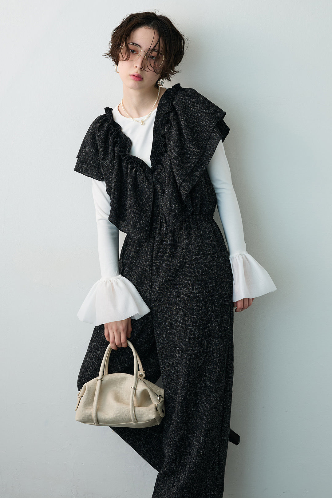 [予約/SET]サイドギャザーフレアチュールカフストップス+サマーツイードマルチウェイロンパース(2set)