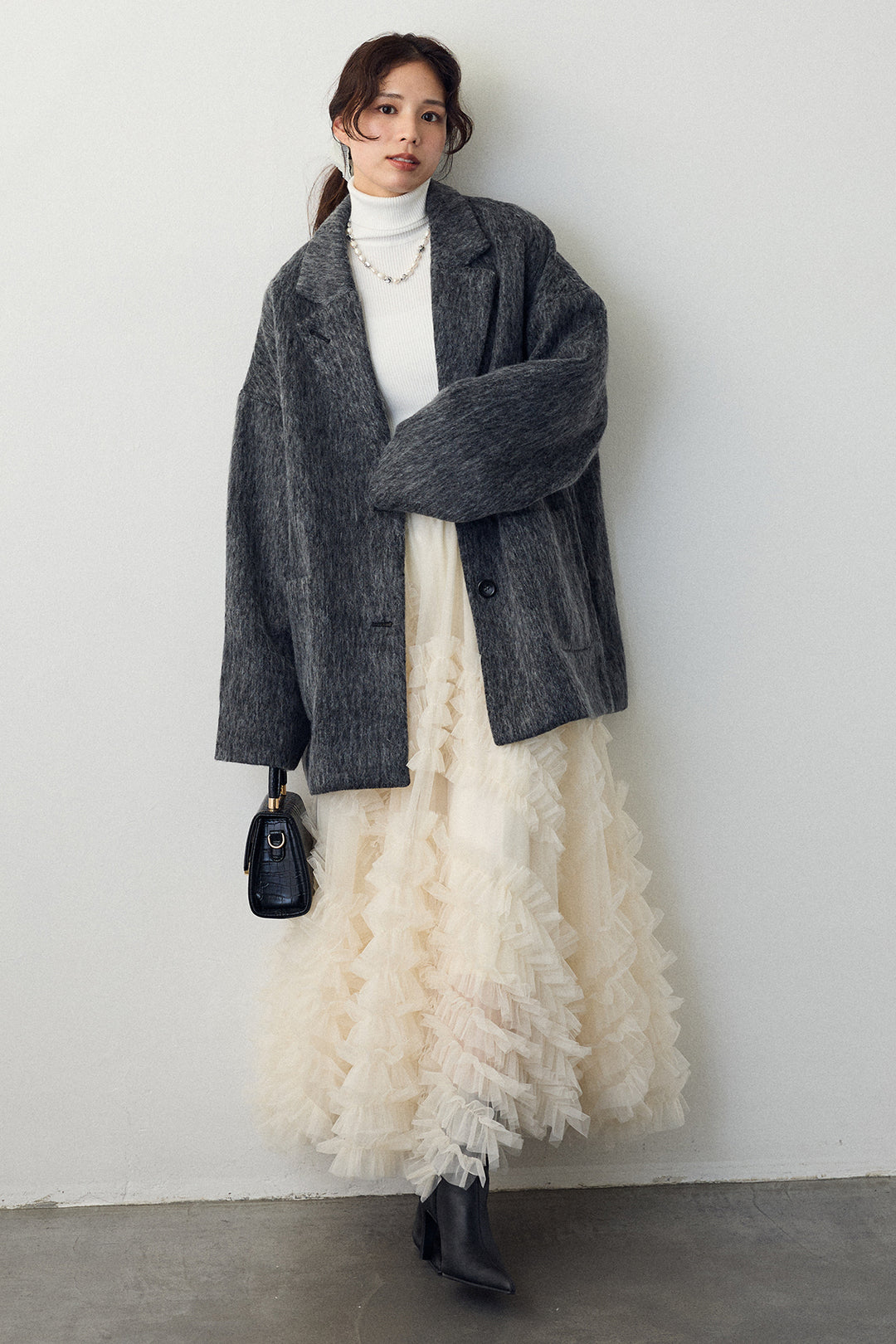 [予約/SET]シャギーミドル丈コート+スフレアシメチュールスカート(2set)