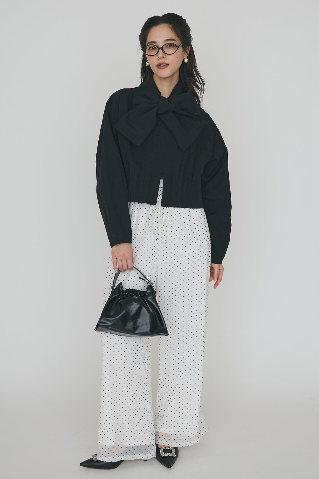 [予約/SET]フロントファスナーヘムタックボウタイブラウス+シアードットリラックスパンツ(2set)