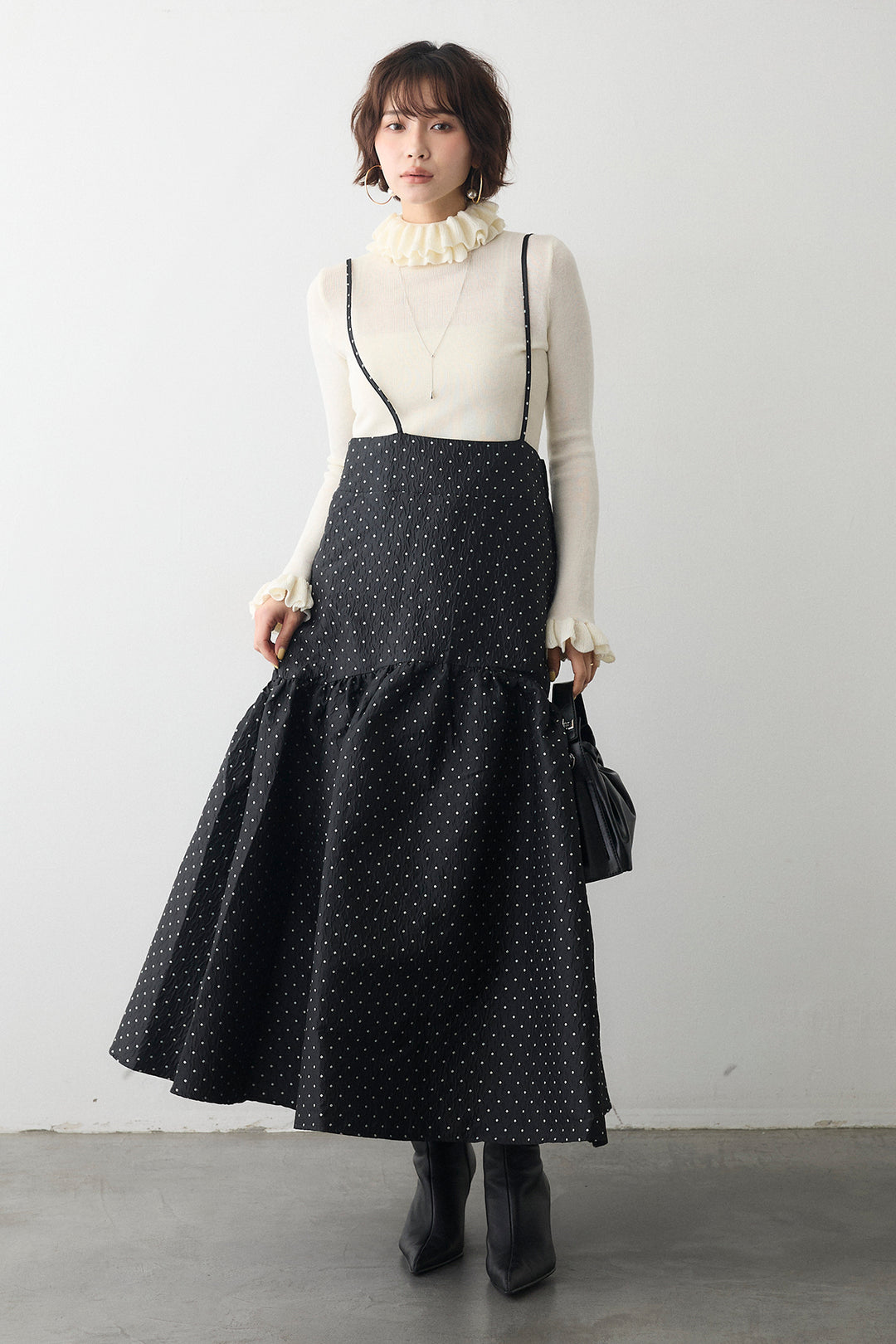 [予約/SET]ダブルフリルカラーニットプルオーバー+ドットジャガードギャザーフレアスカート(2set)