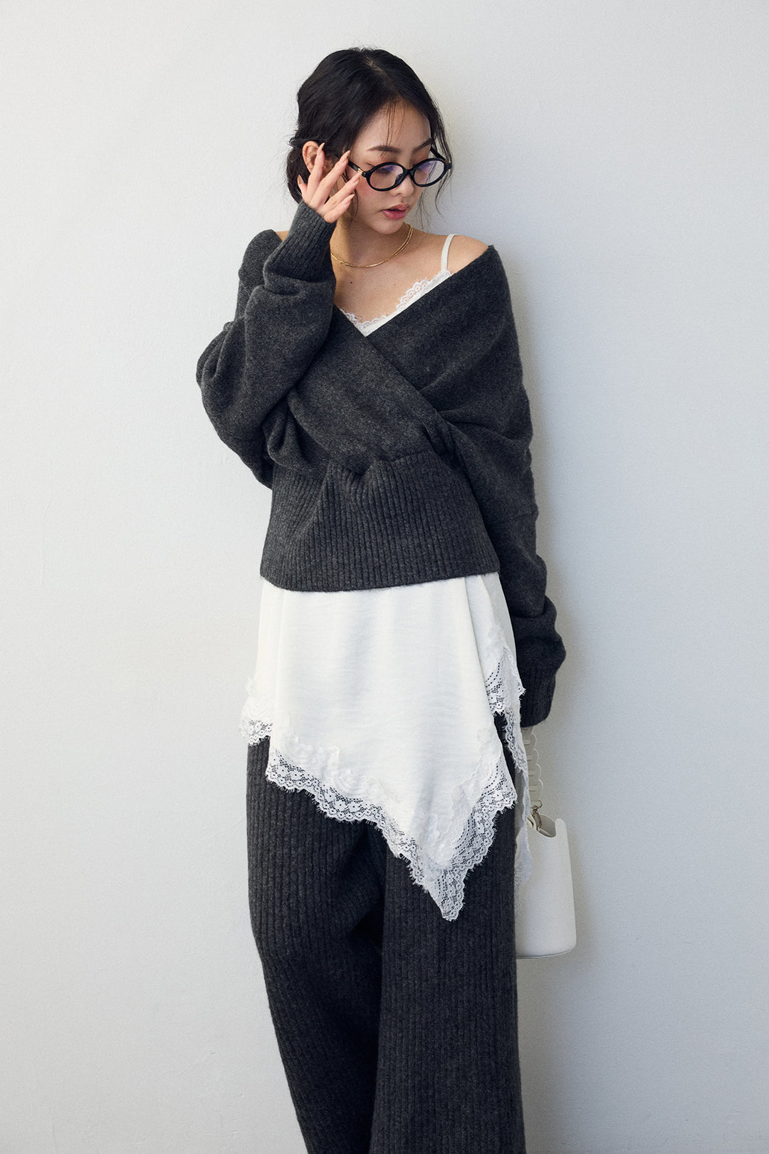 [予約/SET]カシュクール美ラインニットセットアップ+サテンレースアシメキャミ(2set)