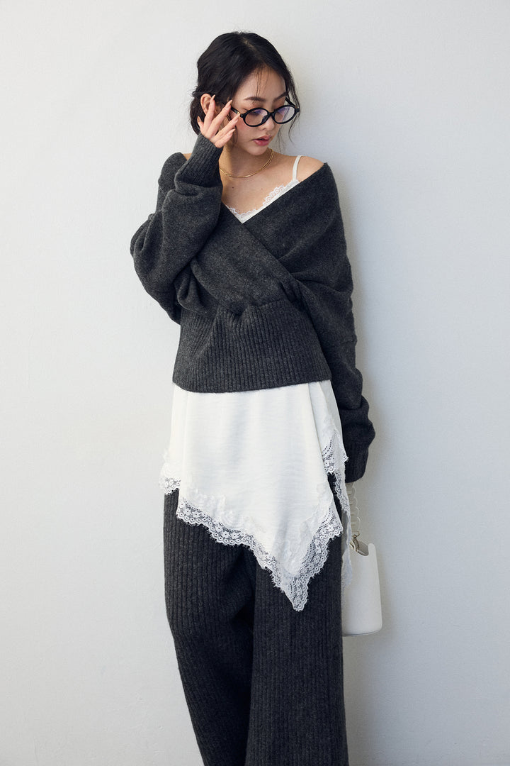 [予約/SET]カシュクール美ラインニットセットアップ+サテンレースアシメキャミ(2set)