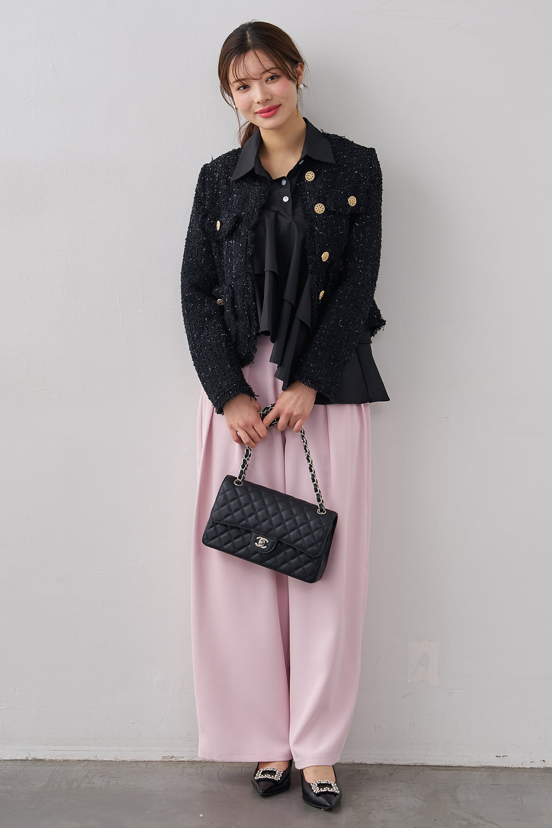 [予約/SET]フリンジツイードゴールドボタンジャケット+エステルツイルタックワイドカラーパンツ(2set)