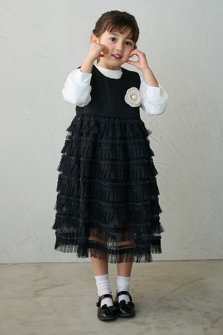 [予約/親子SET][kids]ティアードプリーツパールワンピセット+ツイード×チュールレイヤードクロップドジャケット+ホイップチュールティアードスカート(3set)