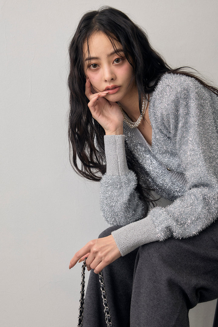 [予約/SET]コンシャスショルダーシャイニーニットカーデ+ウエストレースニットストレートパンツ(2set)