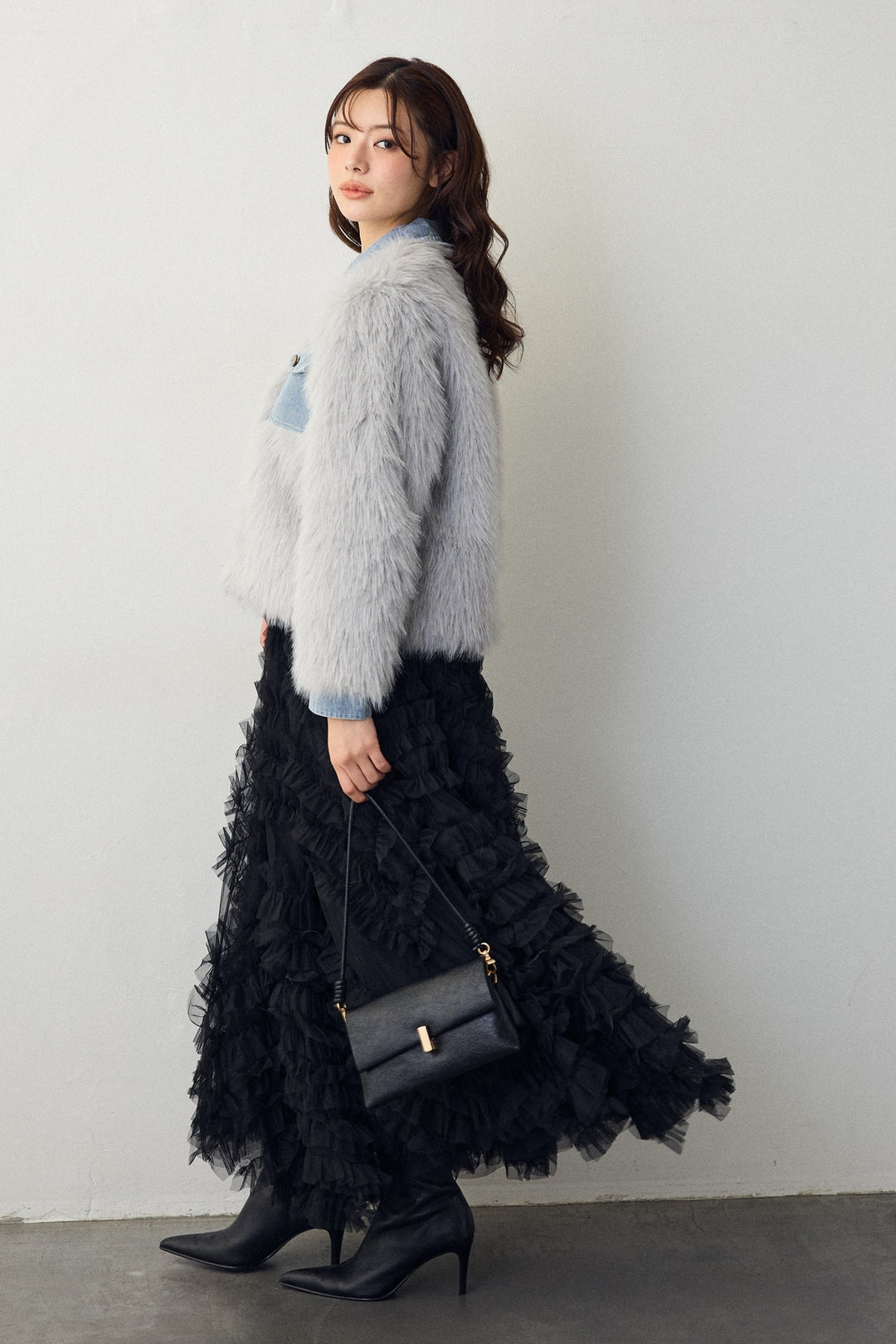 [予約/SET]デニムシャツドッキングファージャケット+スフレアシメチュールスカート(2set)