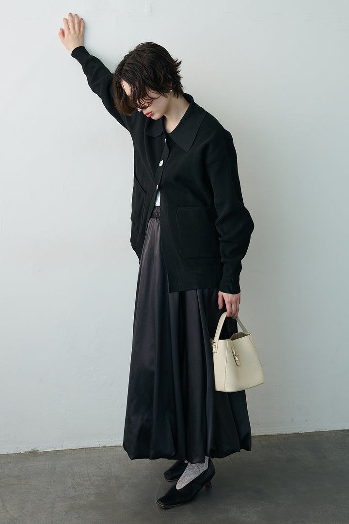 [予約/SET]メタルボタン襟付きニットカーディガン+サテンシャイニーバルーンスカート(2set)