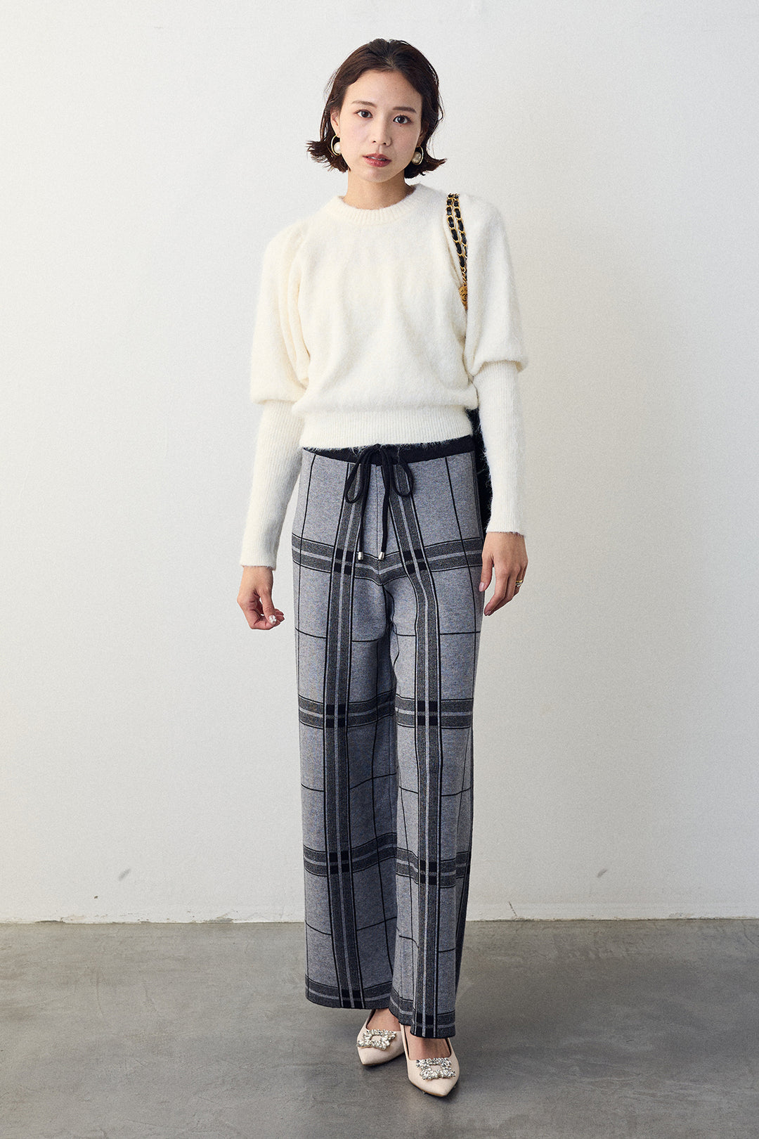 [予約/SET]モヘアパフスリーブプルオーバー+チェック柄ニットストレートパンツ(2set)