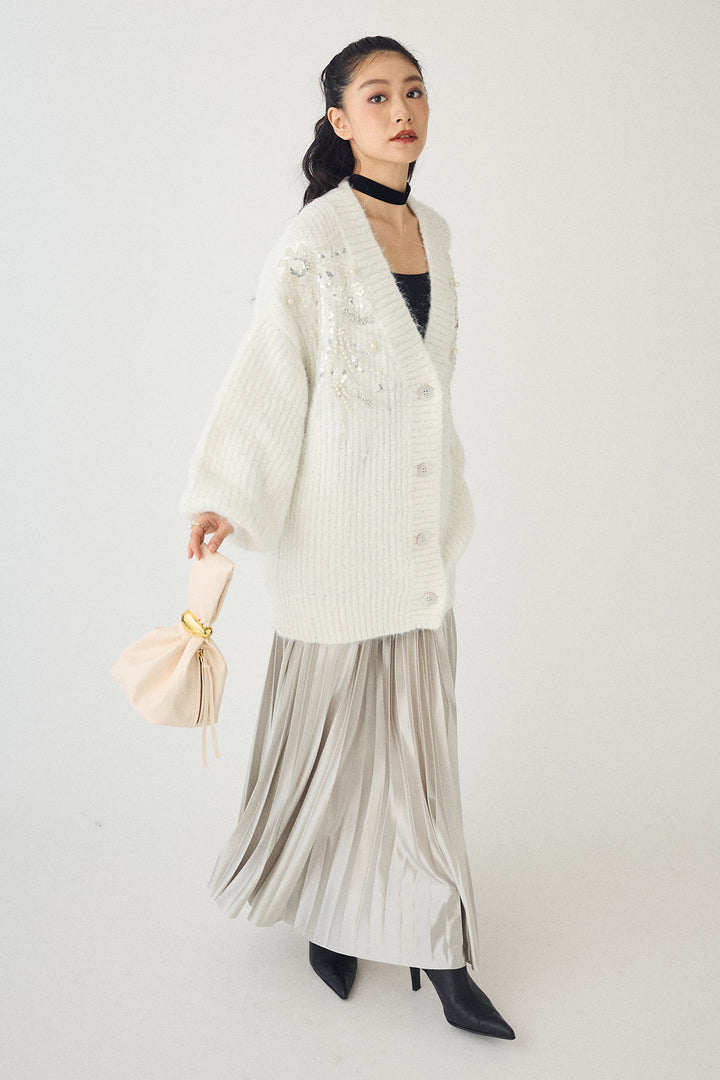 [予約/SET]ビーズフラワースパンコールシャイニーニットカーデ+シャイニープリーツサテンスカート(2set)