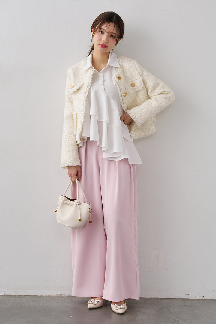 [予約/SET]アシメフリルティアードシャツ+フリンジツイードゴールドボタンジャケット+エステルツイルタックワイドカラーパンツ(3set)