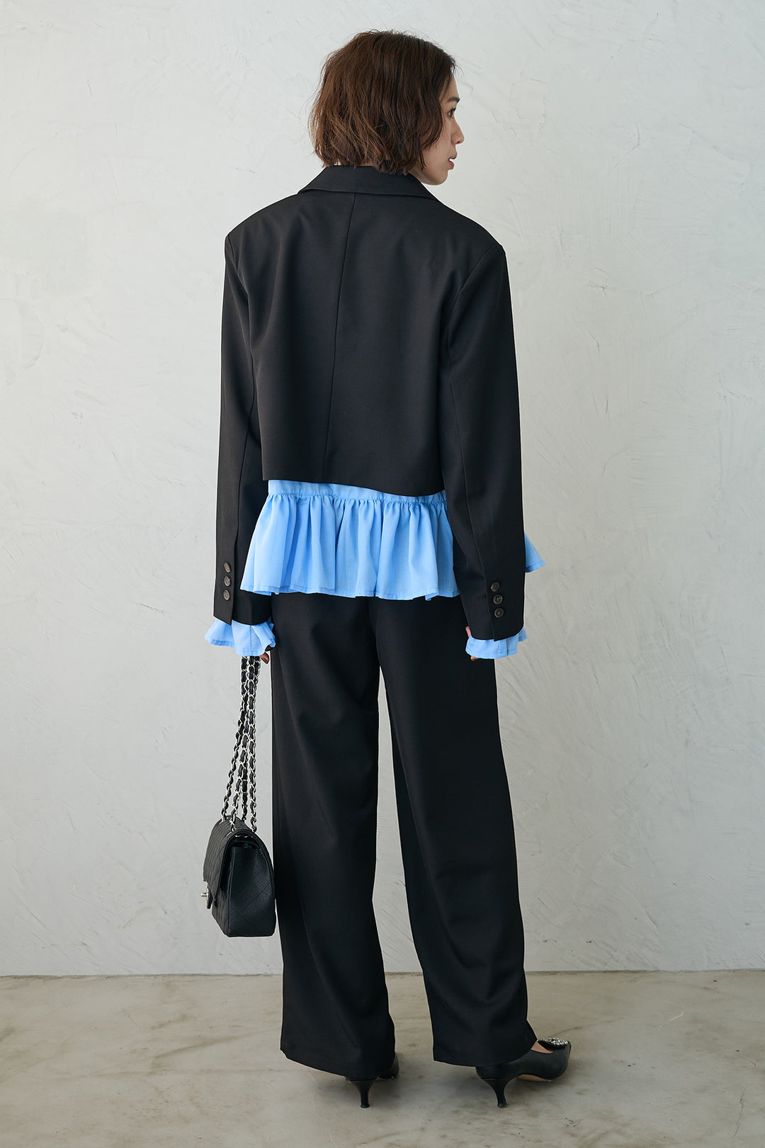 [予約/SET]フリルヘムスリーブブラウス+クロップドマニッシュシンプルジャケット+ツイルシンプルストレートパンツ(3set)