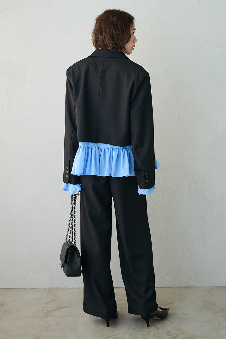 [予約/SET]フリルヘムスリーブブラウス+クロップドマニッシュシンプルジャケット+ツイルシンプルストレートパンツ(3set)