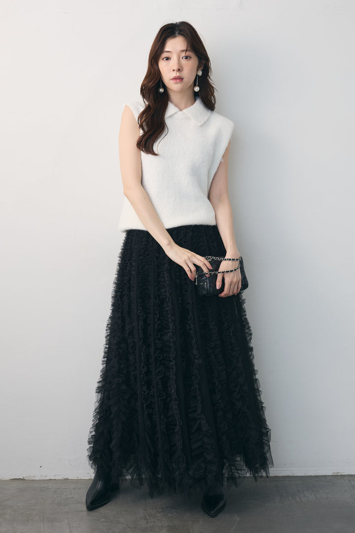 [予約/SET]モヘア起毛ポロベスト+バーチカルフリルチュールスカート(2set)