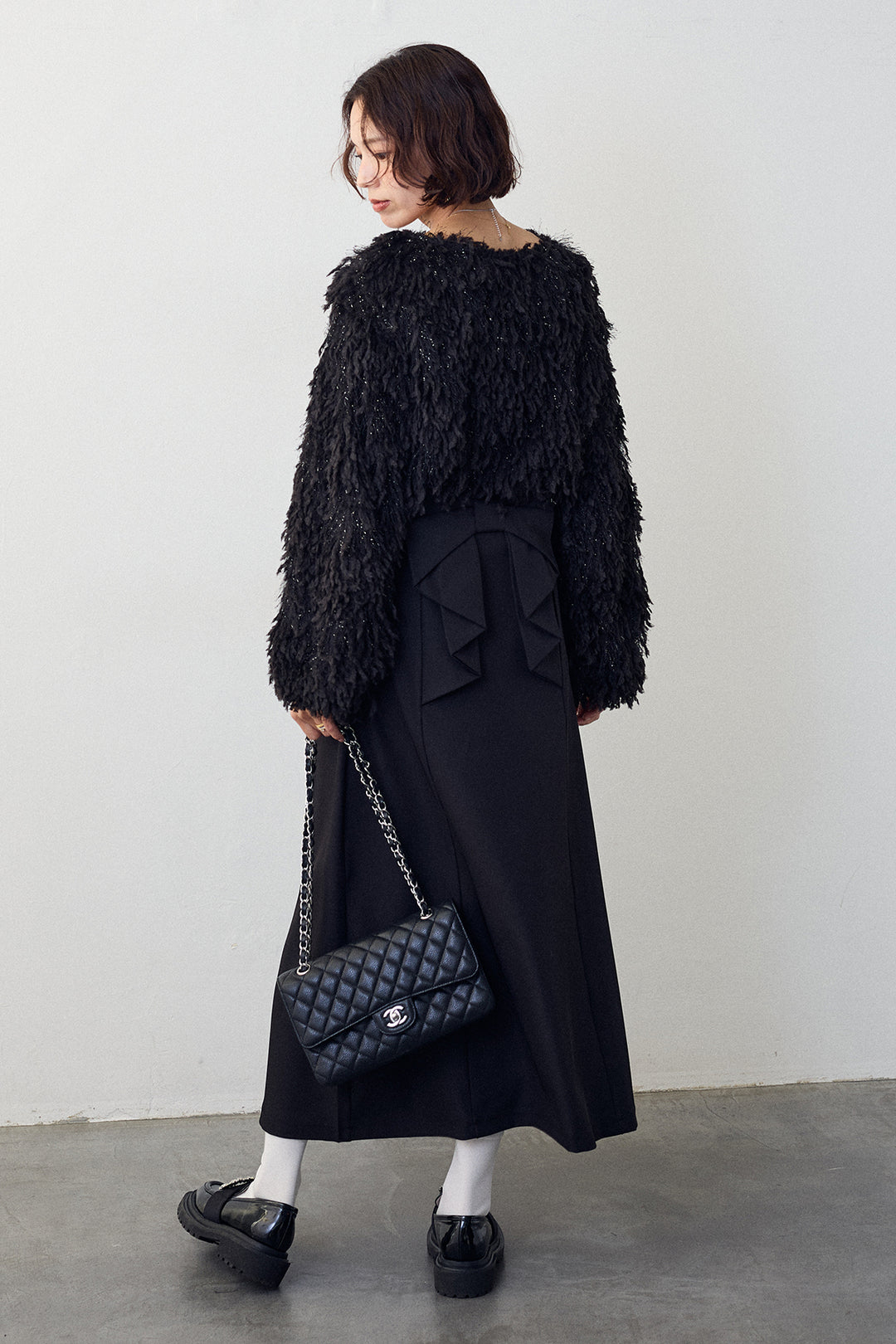 [予約/SET]フリンジラメシャギーニットプルオーバー+バックリボンセミフレアスカート(2set)