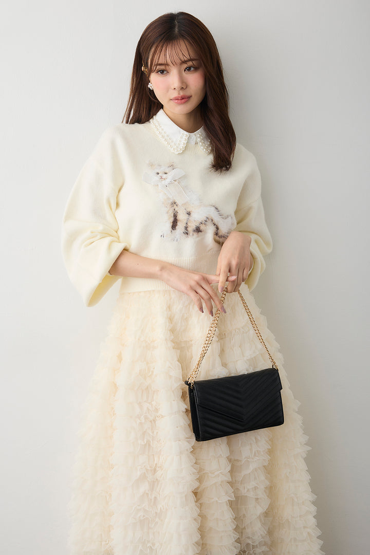 [予約/SET]2連パール付け襟+シャギーリボンキャットモチーフニットPO+ホイップチュールティアードスカート(3set)