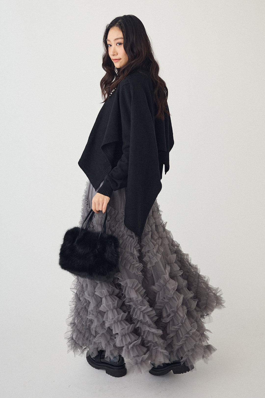 [予約/SET]アシメケープ2wayニット+スフレアシメチュールスカート(2set)