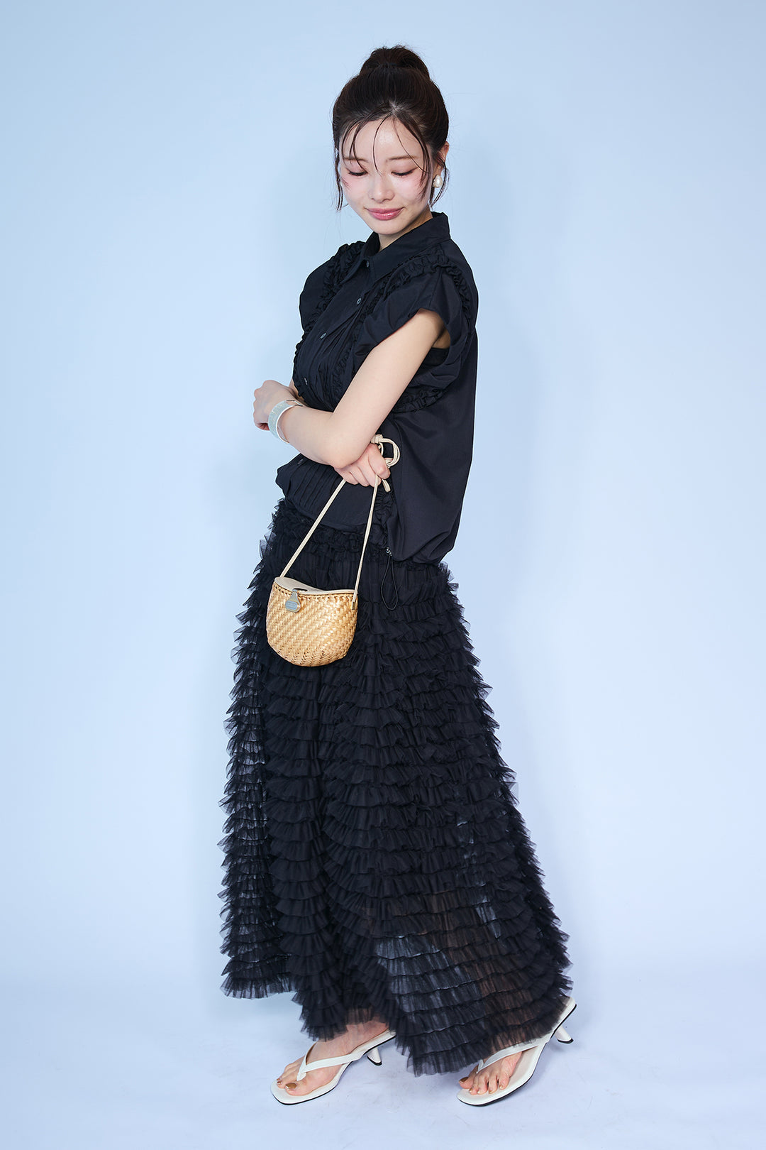 [予約/SET]ミックスフリルピンタックサイドドロストブラウス+ホイップチュールティアードスカート(2set)