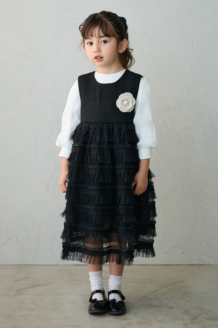 [予約/親子SET][kids]ティアードプリーツパールワンピセット+ツイード×チュールレイヤードクロップドジャケット+ホイップチュールティアードスカート(3set)
