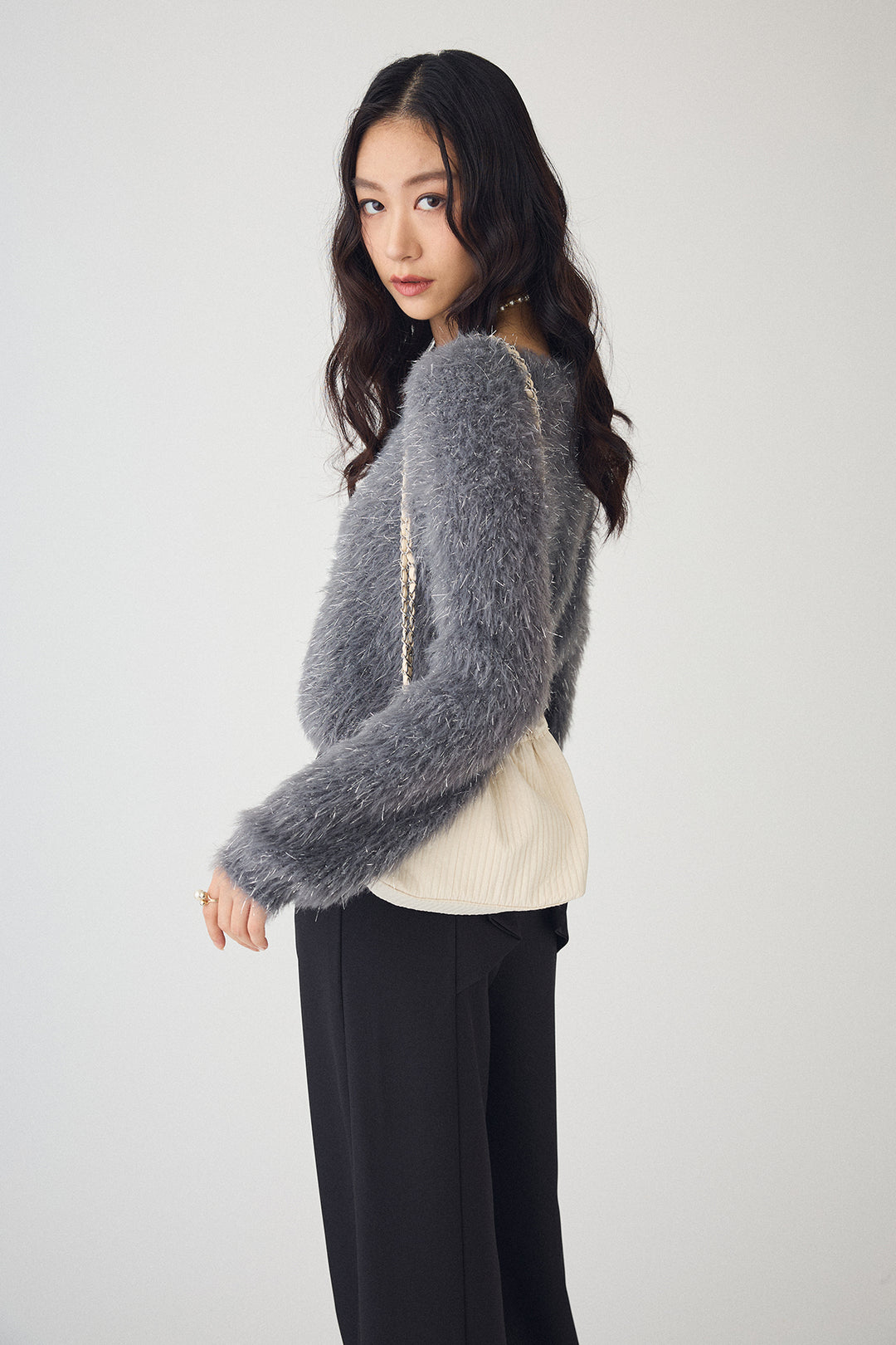 [予約/SET]ゴールドボタンラメシャギーニット+バックリボンストレートパンツ(2set)