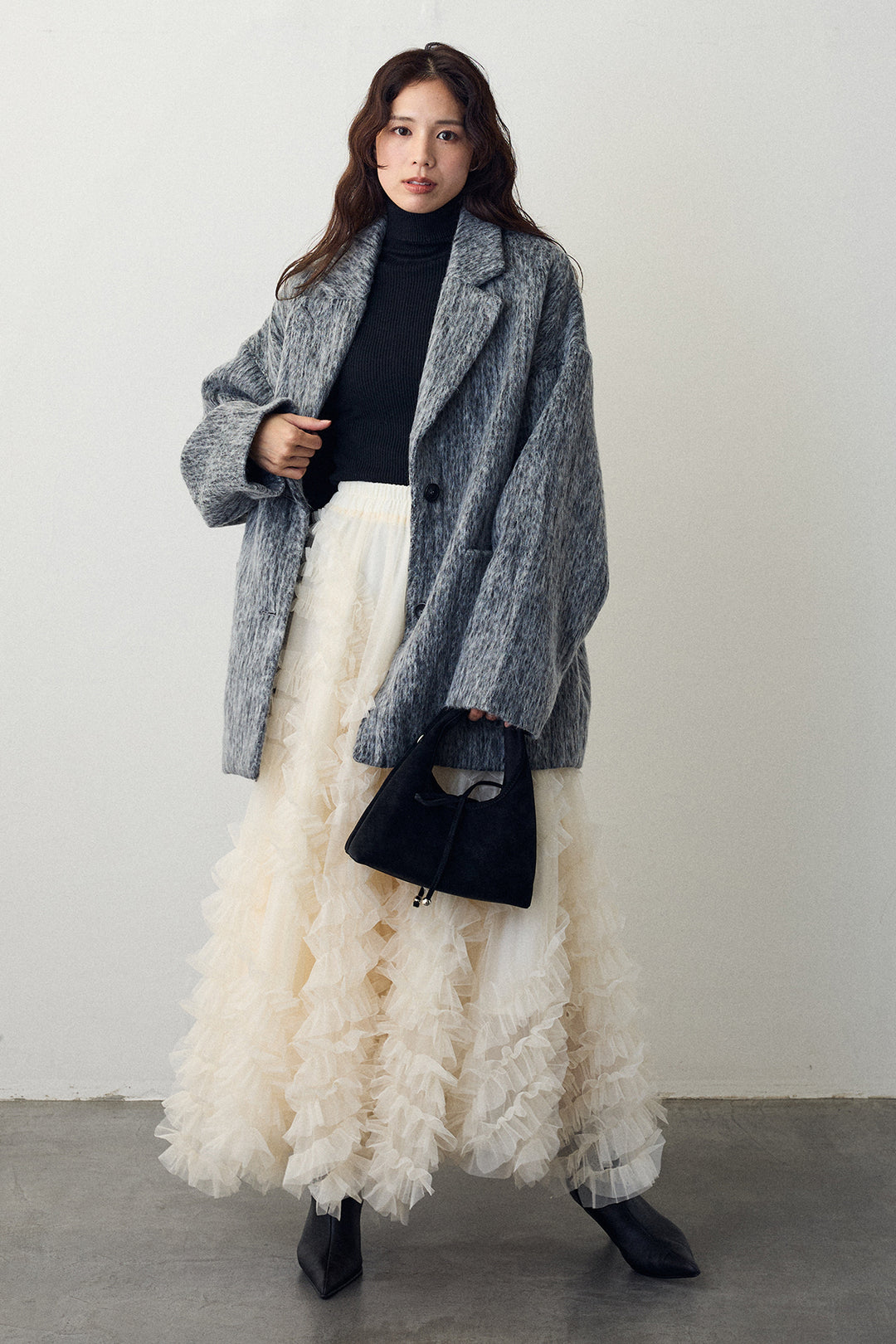 [予約/SET]シャギーミドル丈コート+スフレアシメチュールスカート(2set)