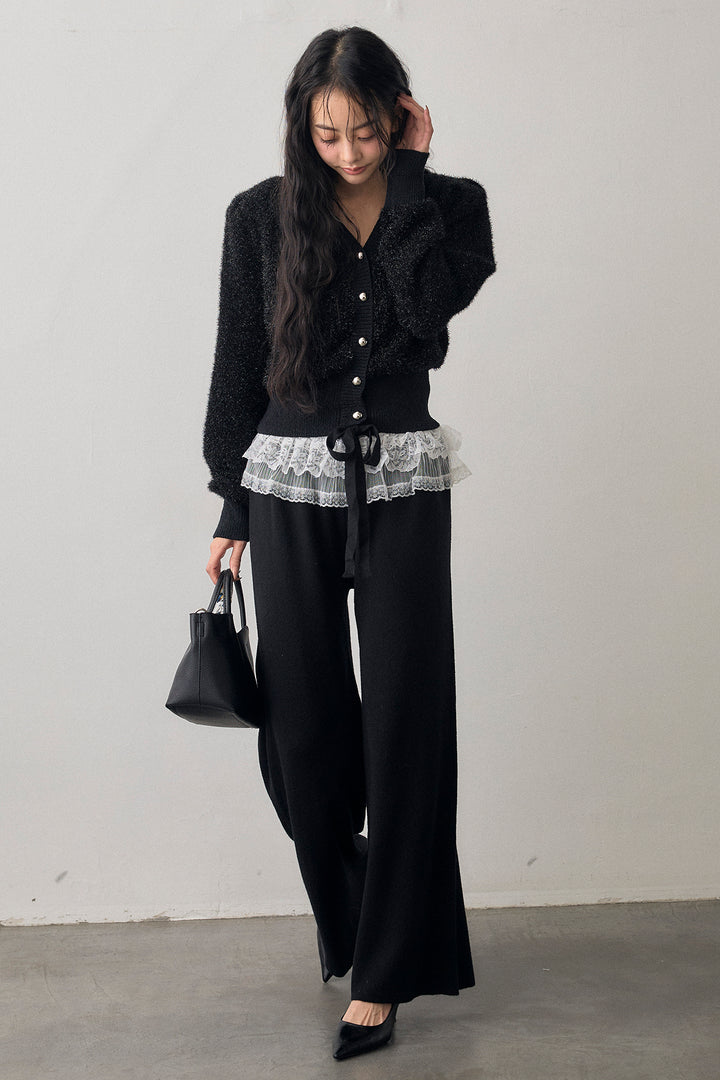 [予約/SET]コンシャスショルダーシャイニーニットカーデ+ウエストレースニットストレートパンツ(2set)