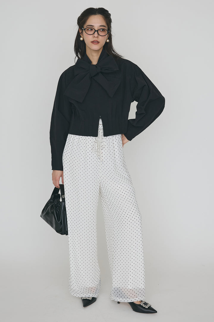 [予約/SET]フロントファスナーヘムタックボウタイブラウス+シアードットリラックスパンツ(2set)