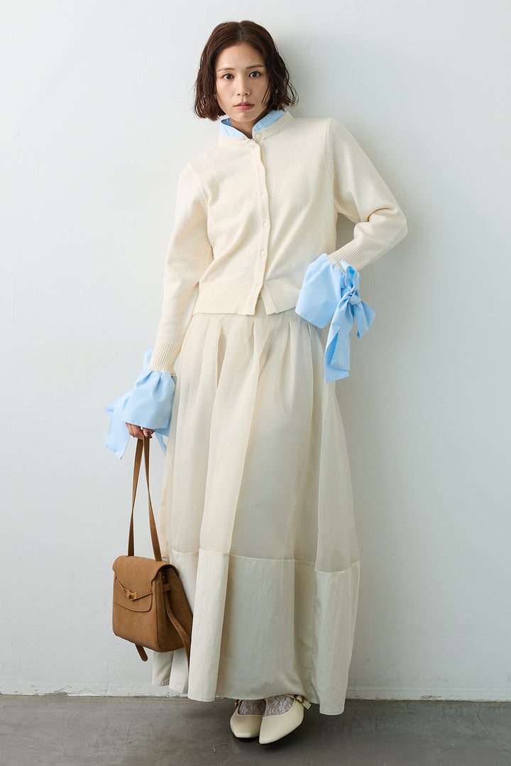 [予約/SET]BIGリボンカフスデザインニットドッキングカーデ+オーガンジー×タフタコクーンスカート(2set)