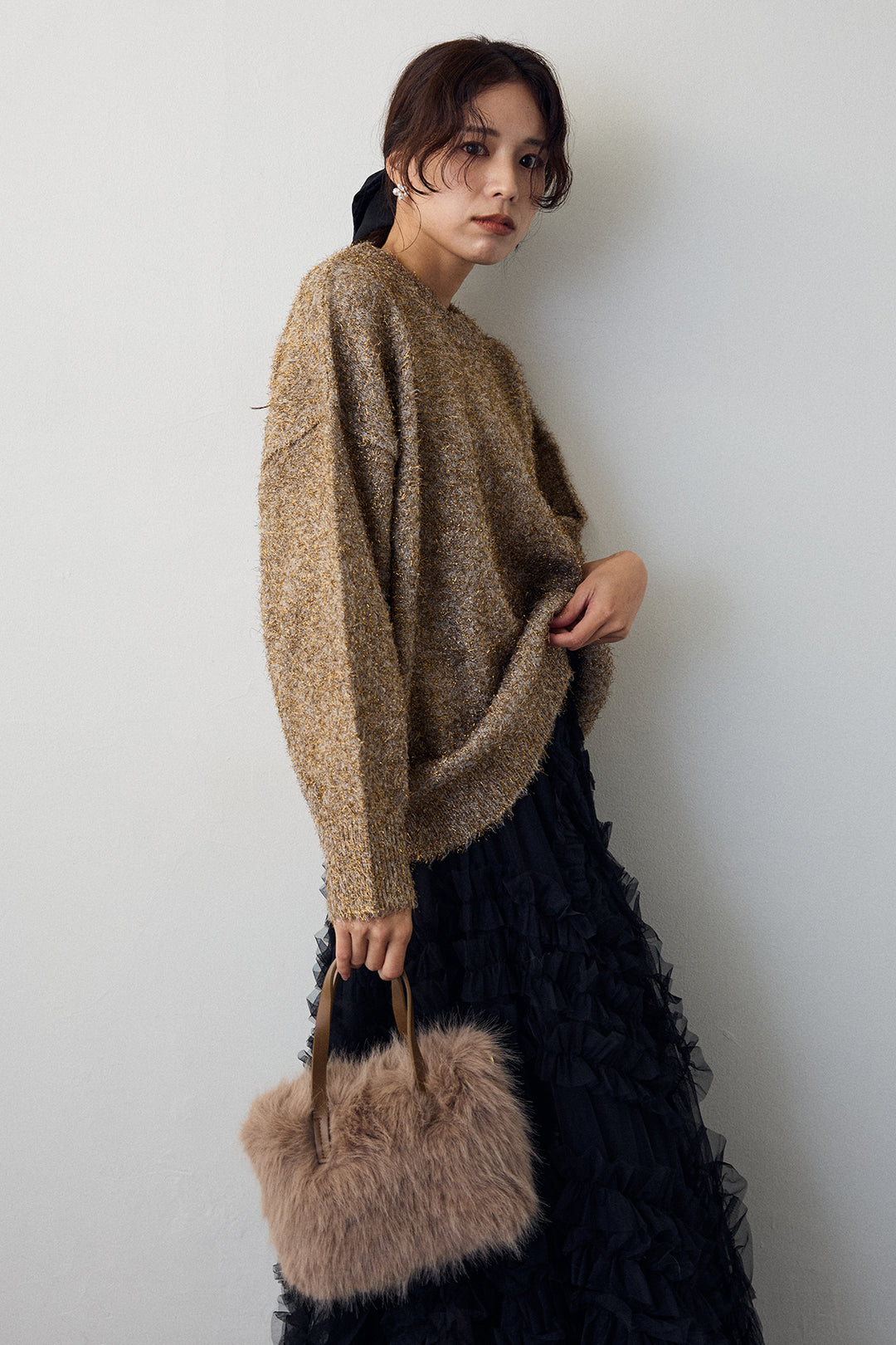 [予約/SET]グリッターラメニット+スフレアシメチュールスカート(2set)