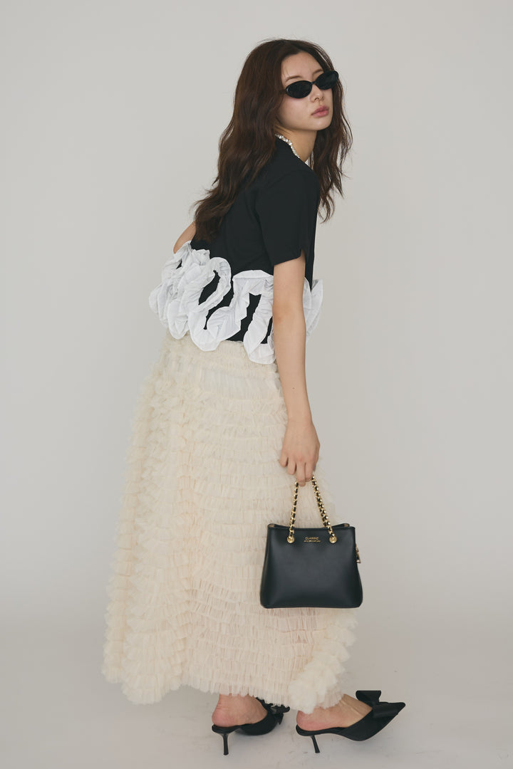 [予約/SET]フリルウェーブヘムカットTシャツ+ホイップチュールティアードスカート(2set)