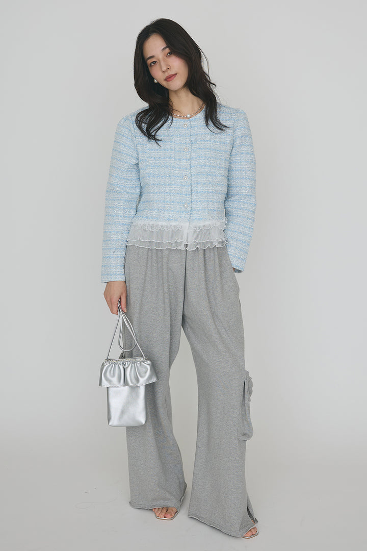 [予約/SET]プリーツフリルヘムライトツイードジャケット+ライトスウェットサイドリボンパンツ(2set)